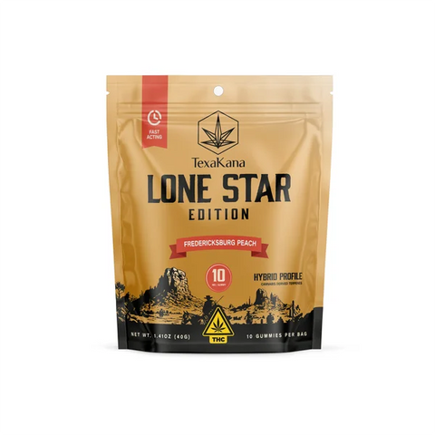 Front of TexaKana Lone Star Edition Fredericksburg Peach THC gummies pouch, 10mg per gummy, 10 gummies per bag, hybrid profile