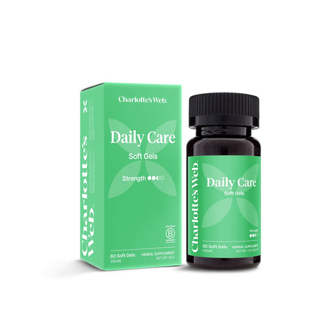 Charlottes Web 1500mg CBD soft gels, THC free, with green Daily Care box and amber 60 count bottle