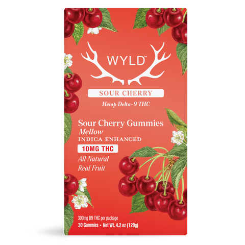 Front of Wyld Mellow Sour Cherry THC gummies box, 300mg per package, 30 gummies, with cherries and white blossoms