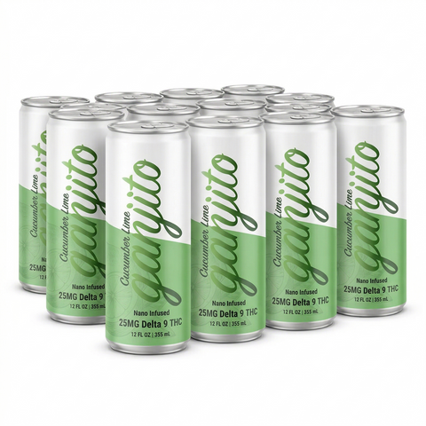 Group of green and white TexaKana Ganjito Cucumber Lime THC drink cans, nano infused 25mg THC, 12 fl oz each