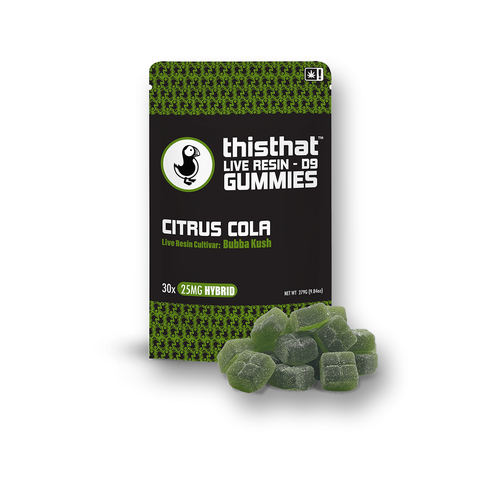 thisthat Live Resin D9 Gummies Citrus Cola 25mg 30ct pouch on white background